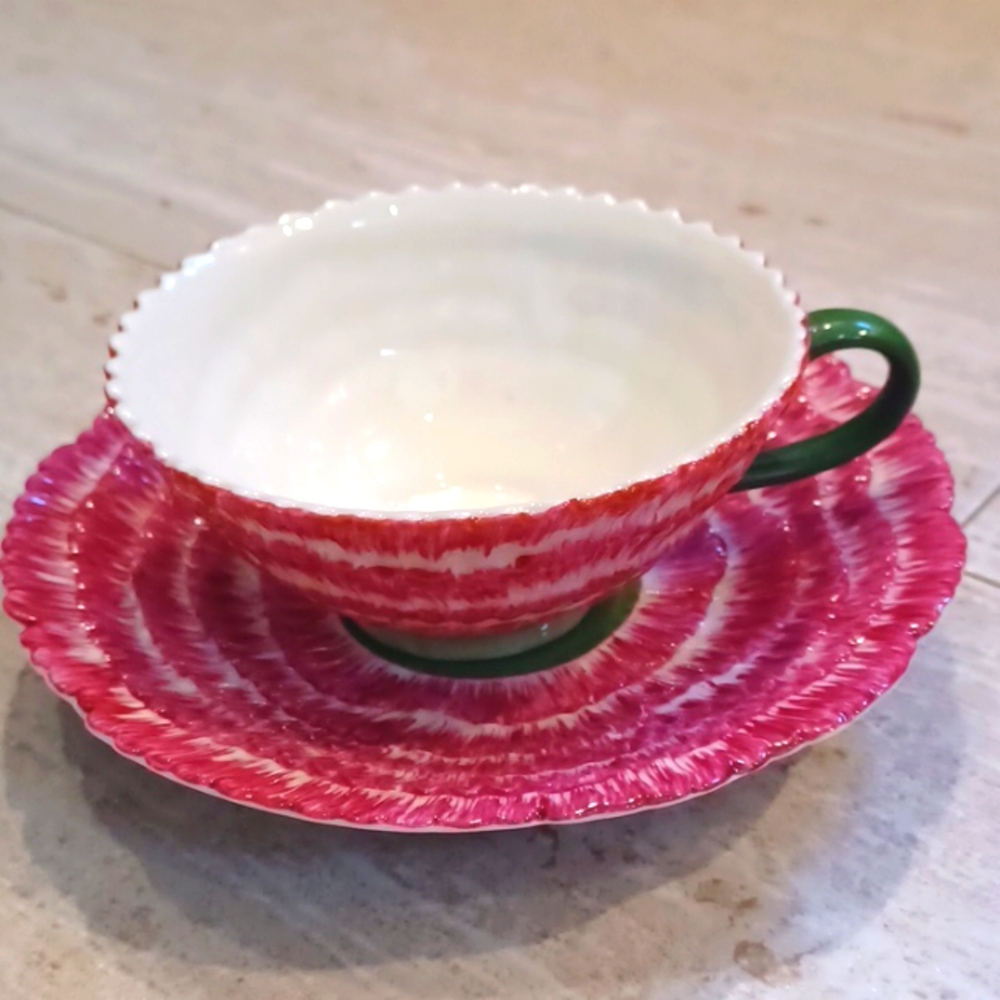 Two's Company Conservatory Collection Ceramic Pink/Green Flower Cup & Saucer